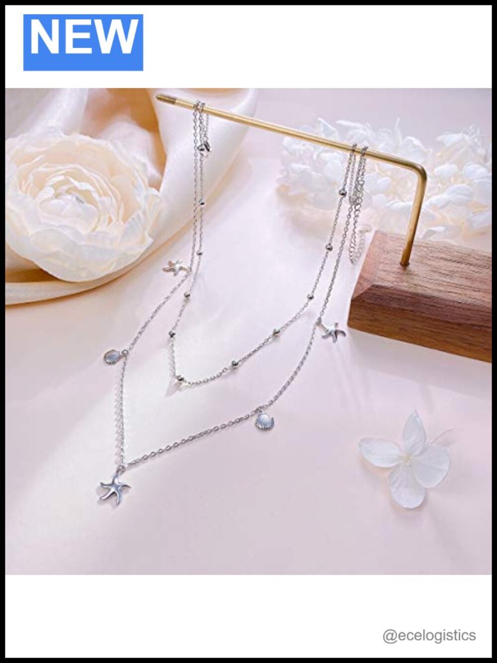 925 Sterling Silver Layered Choker Necklace Starfish Shell Adjustable - Picture 5 of 6